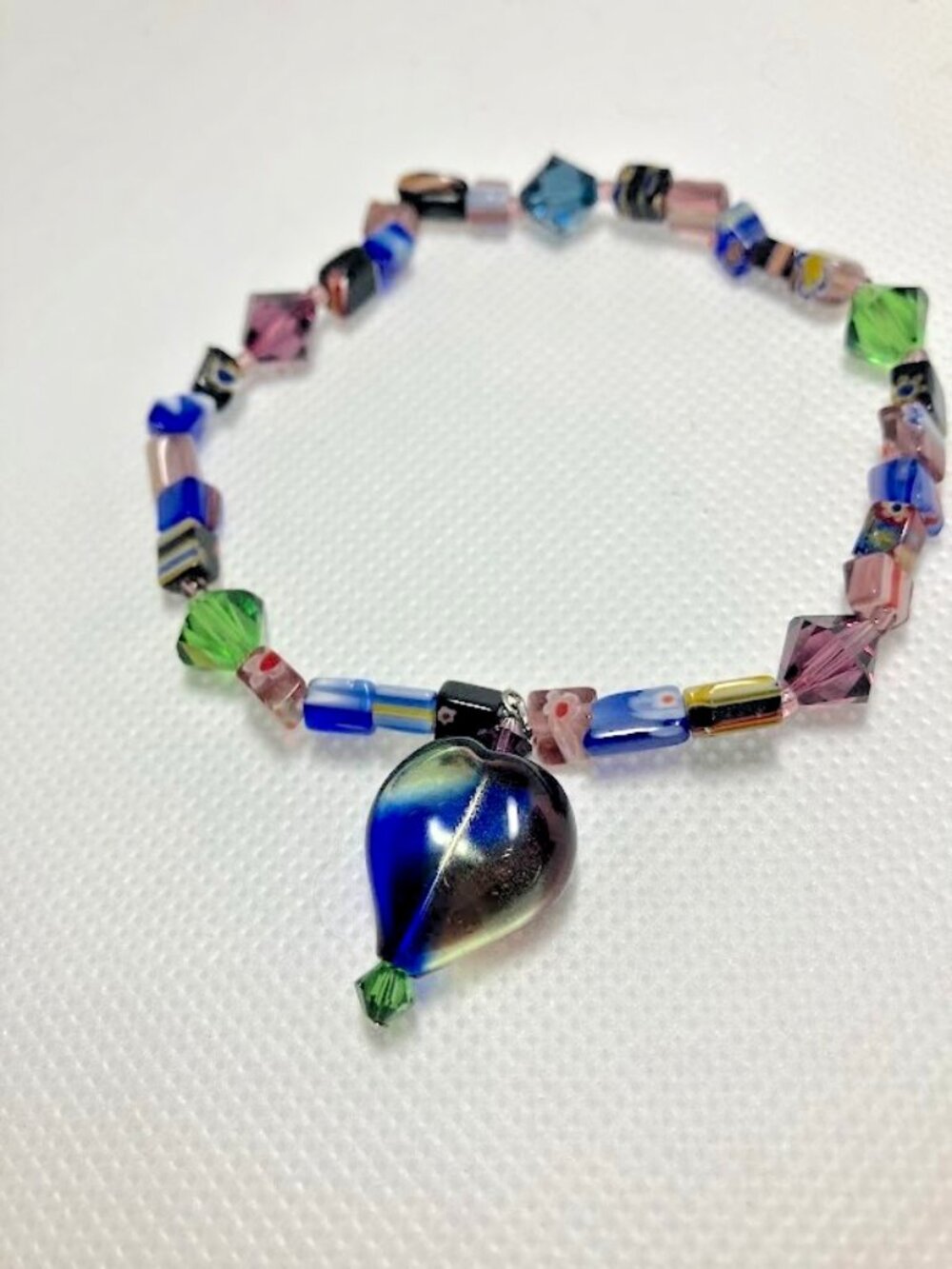 Artisan Glass Stretch Bracelet Heart Pendent Colorful Millefiori Murano Glass